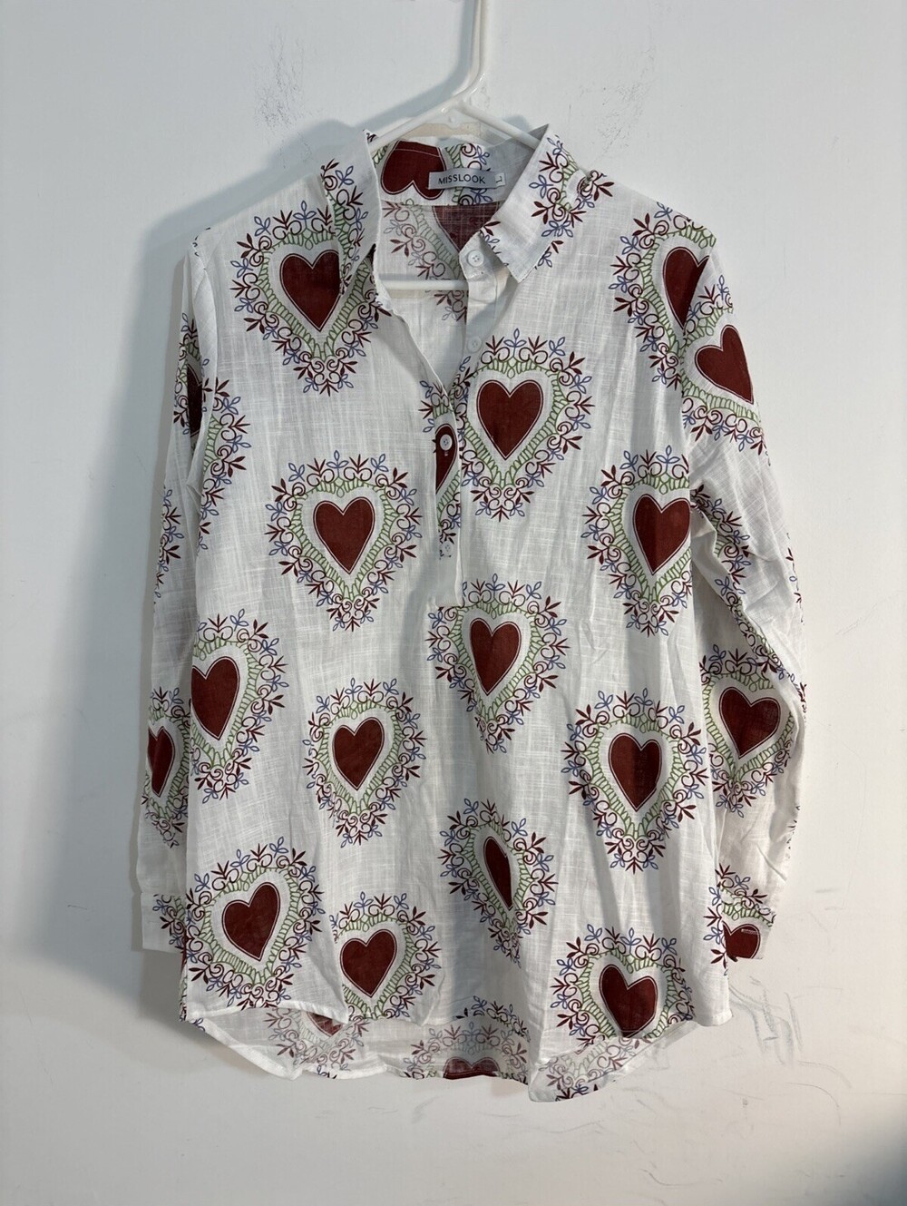 Misslook Heart Print Blouse White Red Large NWOT Long Sleeve Button Up Shirt L